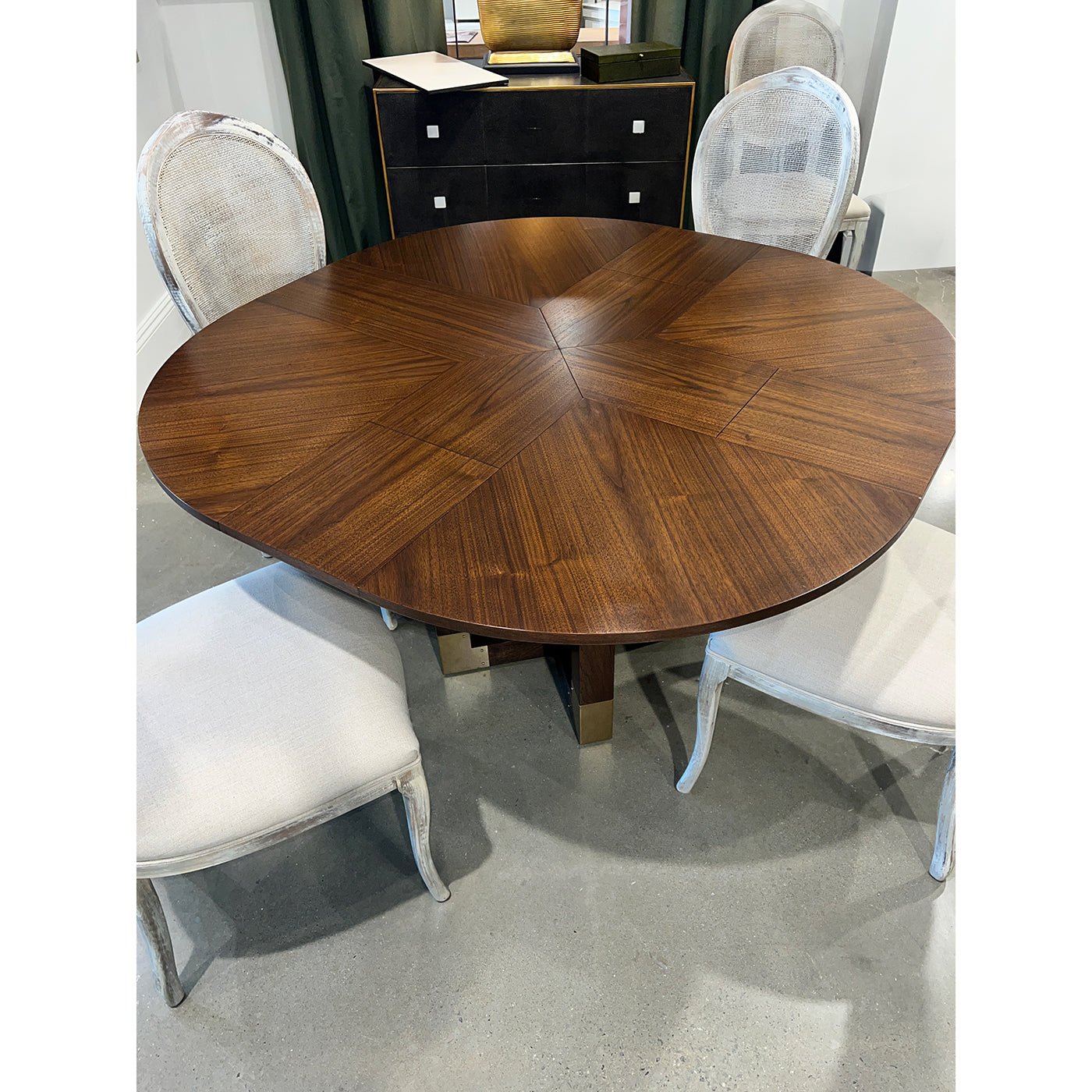 Top view of table with elegant chairs around.
