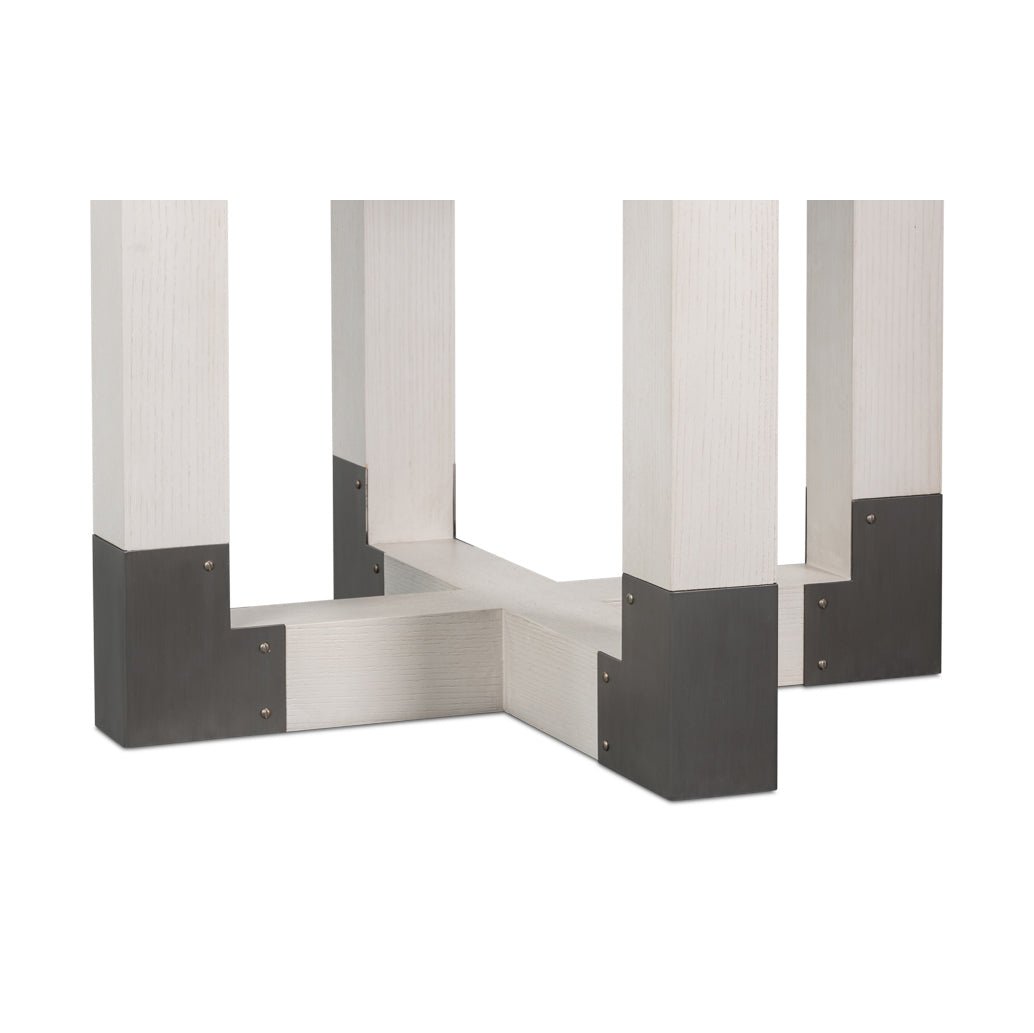 Jupe dining table base, metal and wood design.