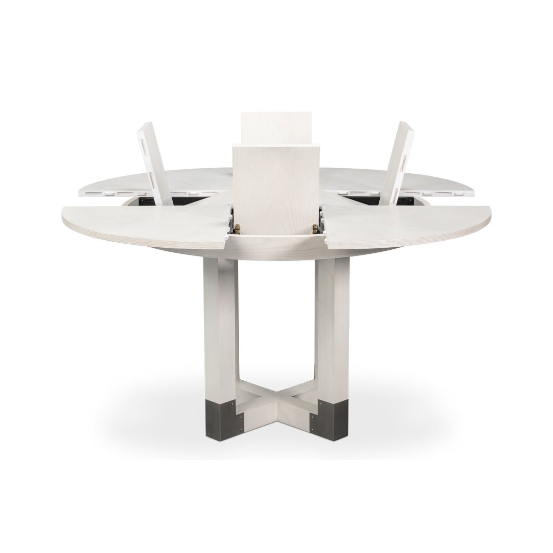 Side view, expanded white Jupe dining table.