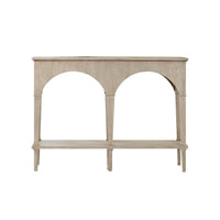Front view of small whitewash console table with arches.