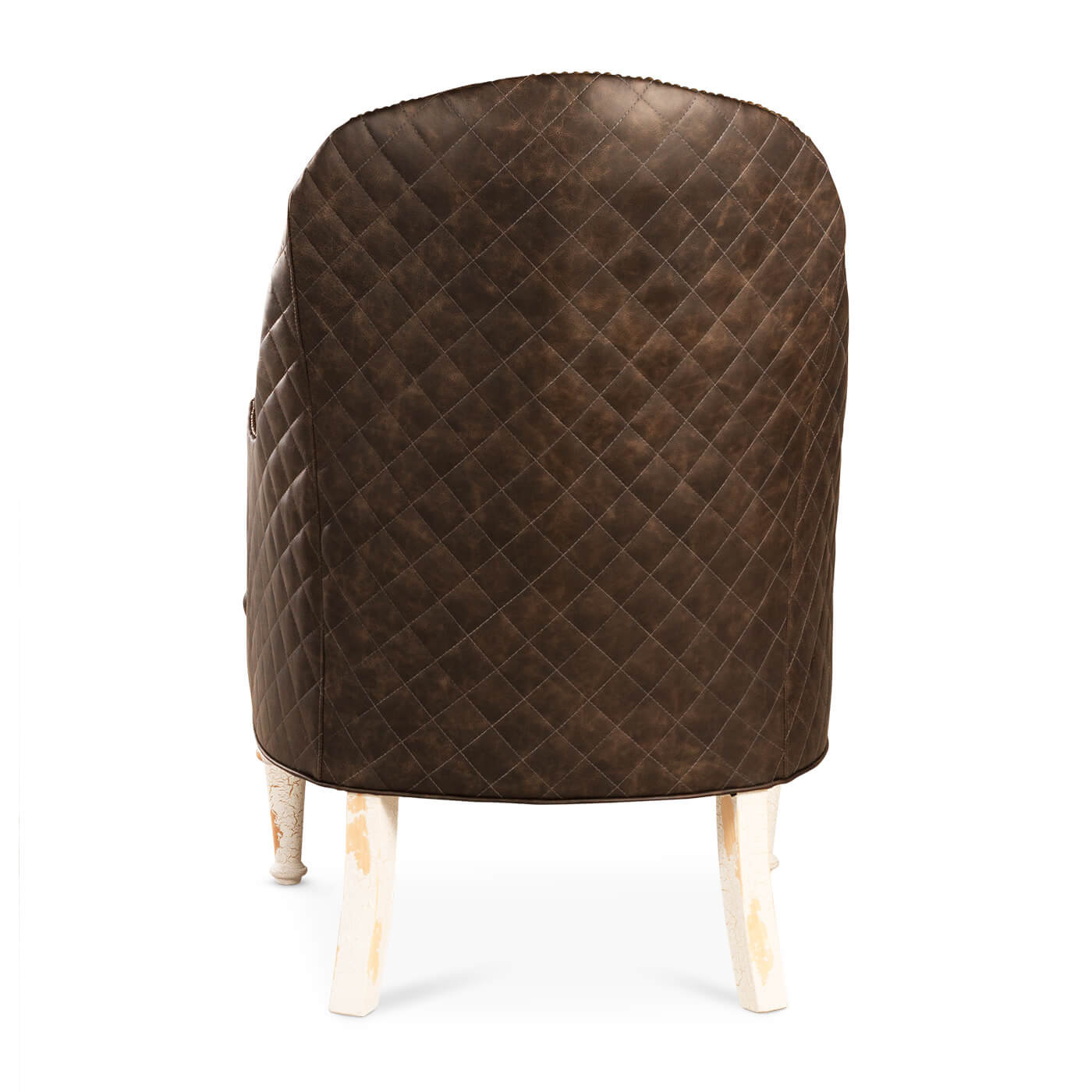 Dark brown tufted leather accent chair, back quilted view.