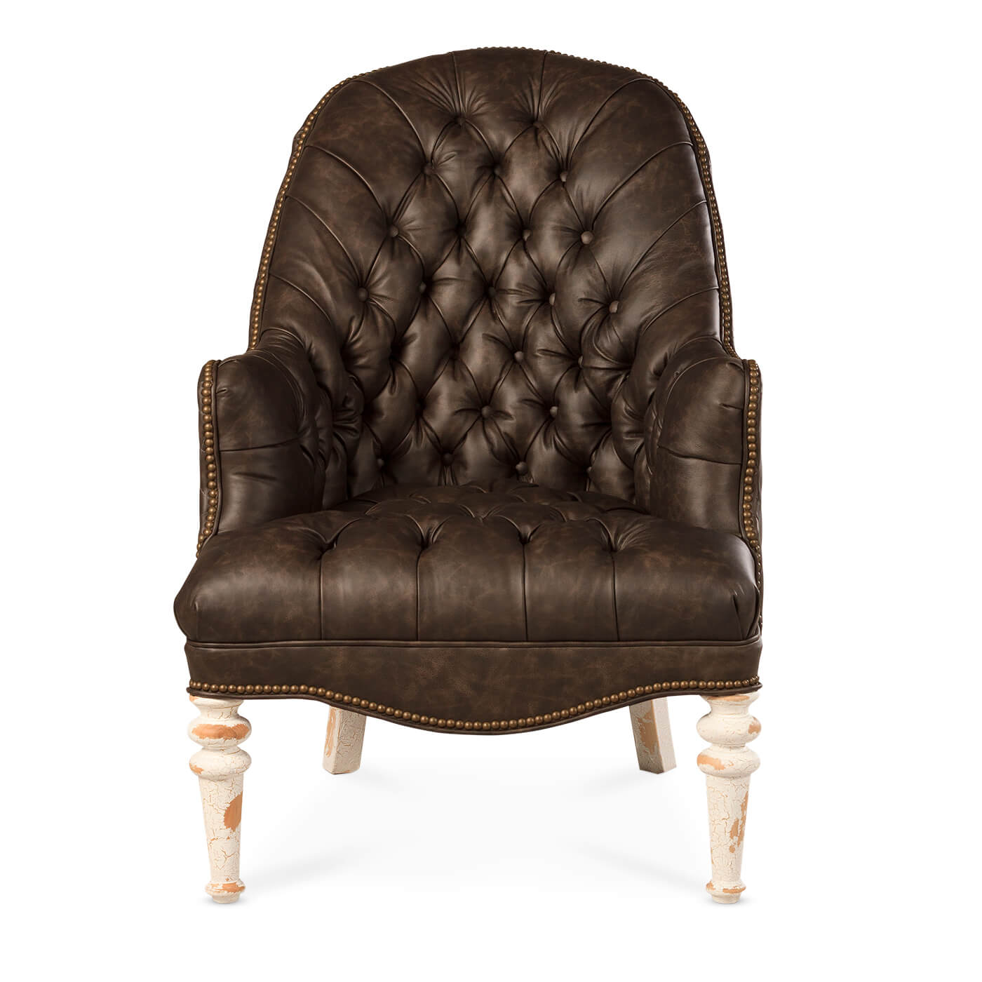 Dark brown tufted leather accent chair, straight front view.