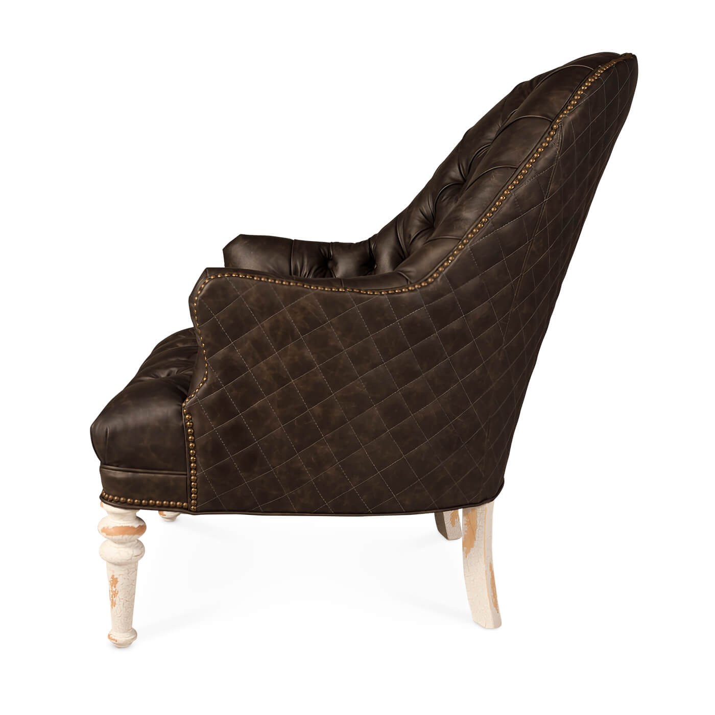 Side view of dark brown leather accent chair, tufted design.