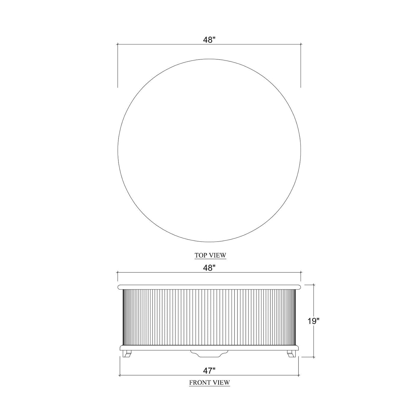 Coffee table dimensions illustration, round shape specifications.
