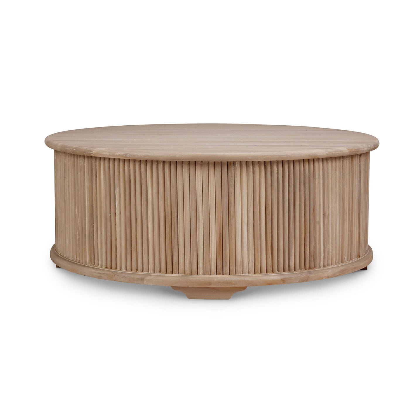 Light wood round coffee table, front view.