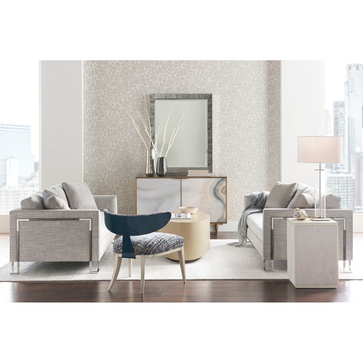 Living room setting with coffee table, contemporary decor