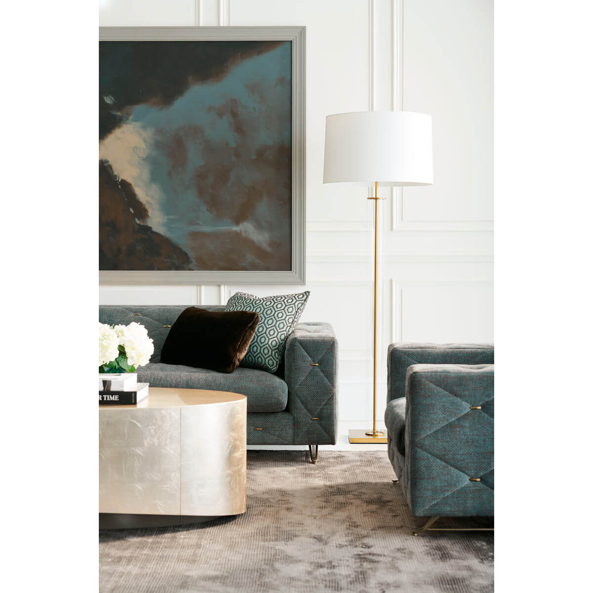 Modern living area, coffee table, stylish decor elements