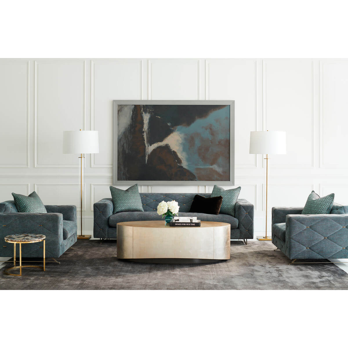 Spacious living room, coffee table, luxurious furniture arrangement