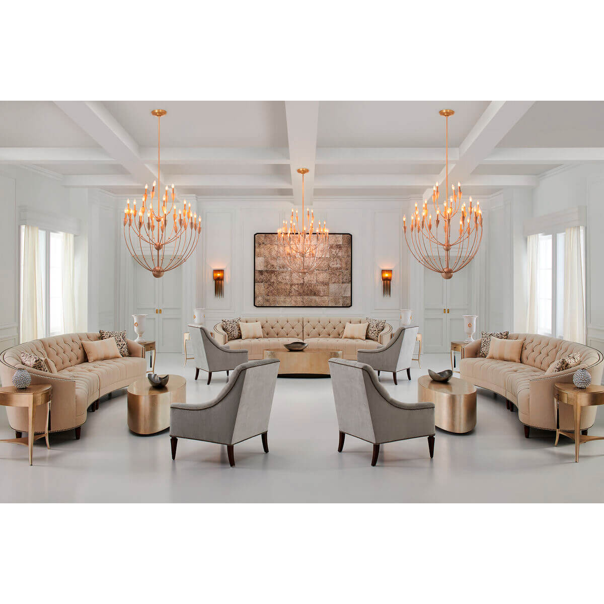Elegant room with chandelier, coffee tables, sophisticated ambiance
