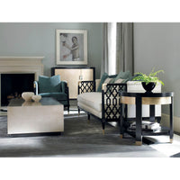 Stylish coffee table in eclectic living room setting.