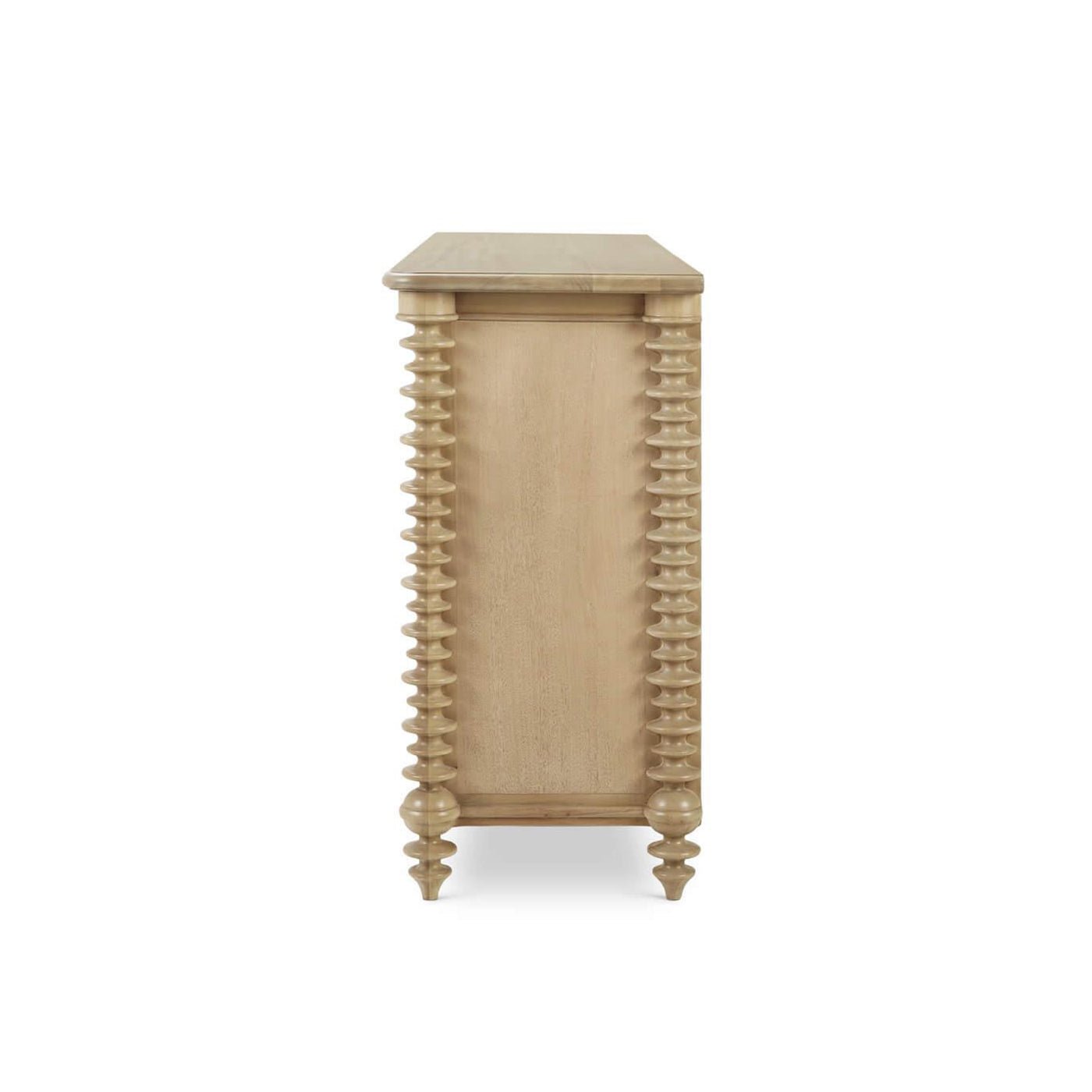 Side profile of spool-turned wood dresser.
