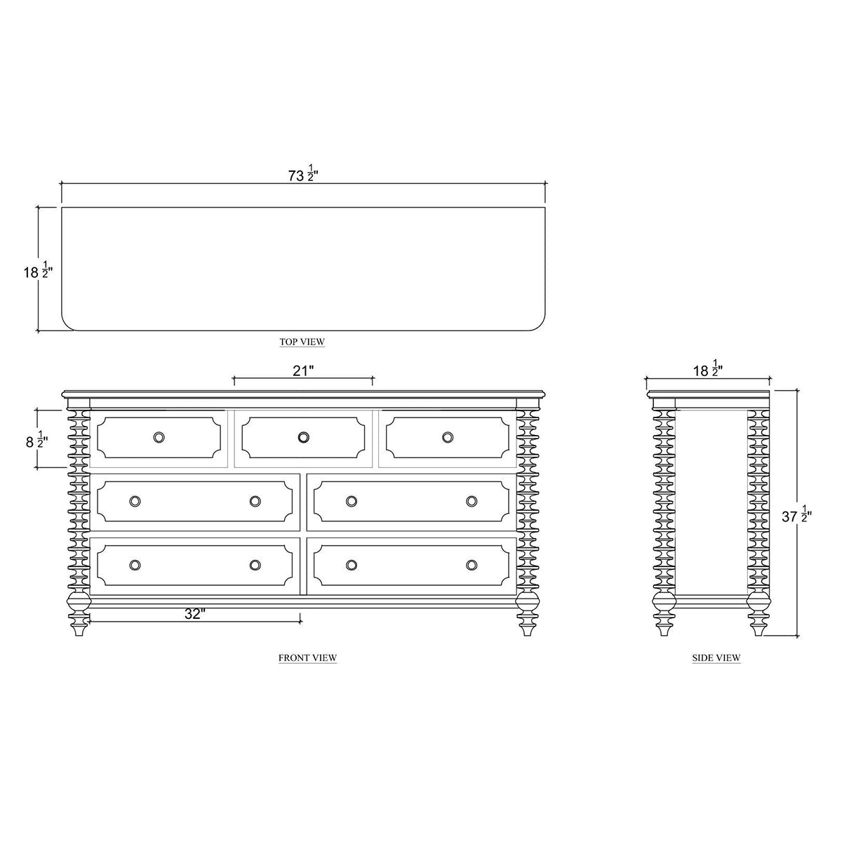 Dresser dimensions and layout diagram.