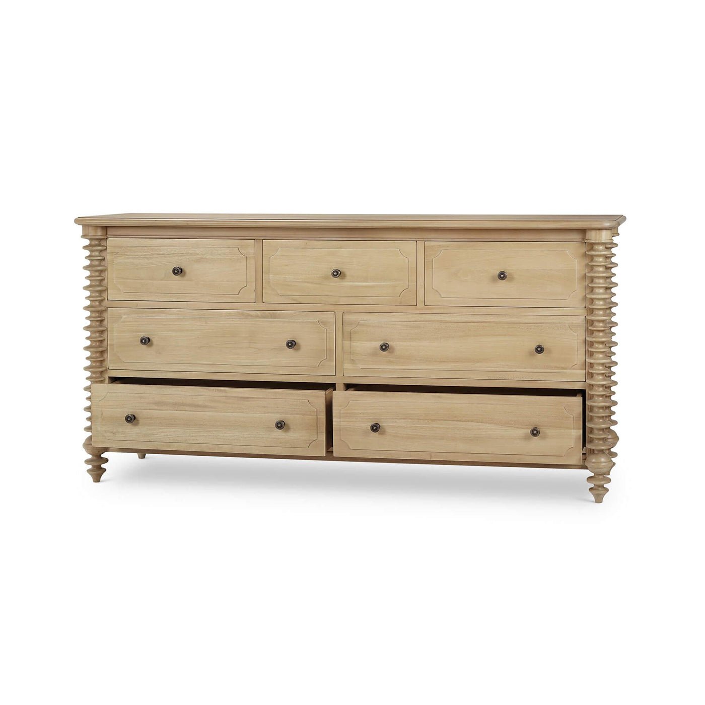 Dresser with partially open drawers.