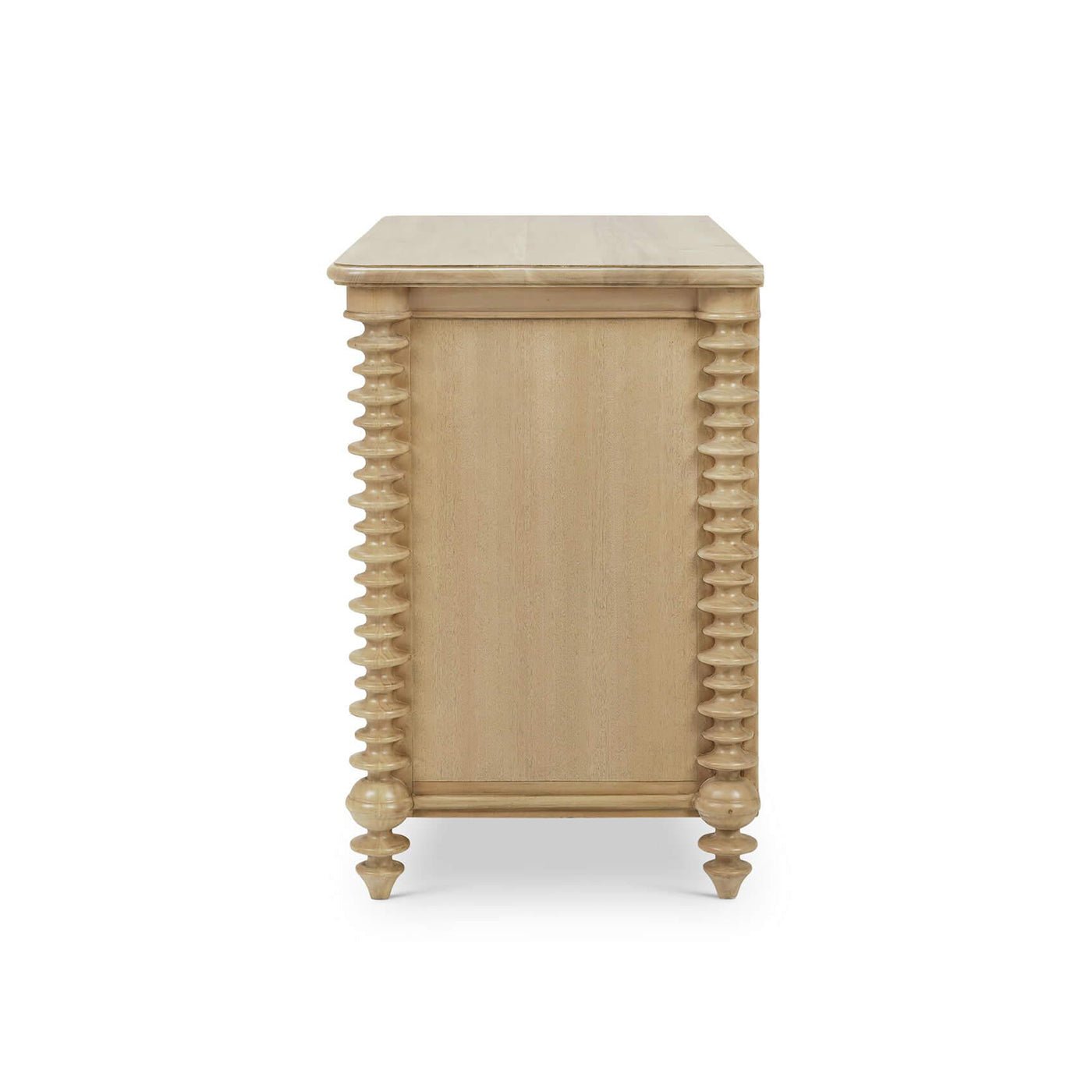 Spool-turned chest side view, intricate spindle details.