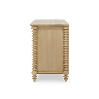Spool-turned chest side view, intricate spindle details.