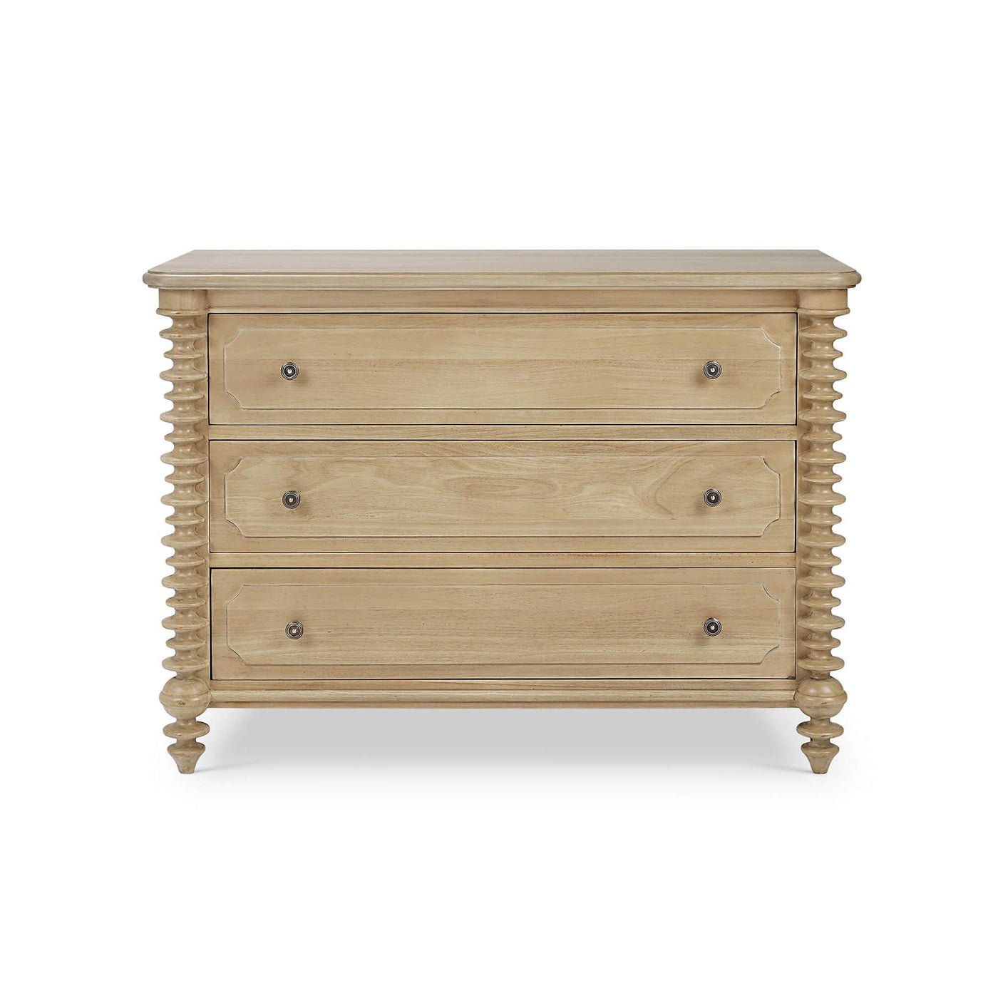Spool-turned chest front view, showing three drawers.