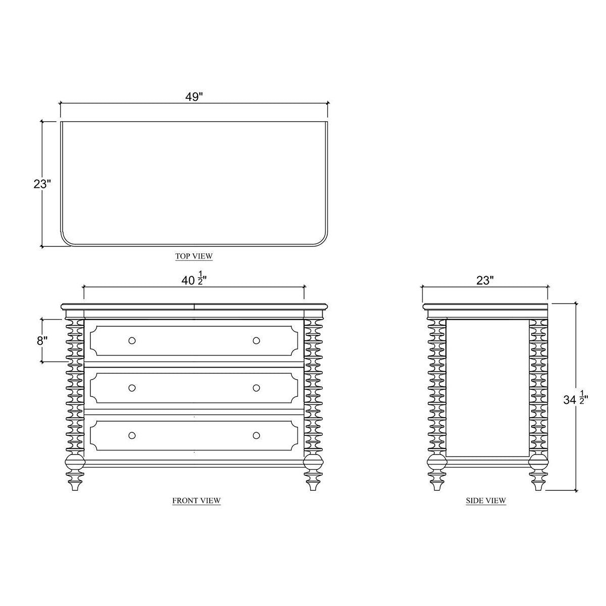 Spool-turned chest dimensions diagram, labeled views.