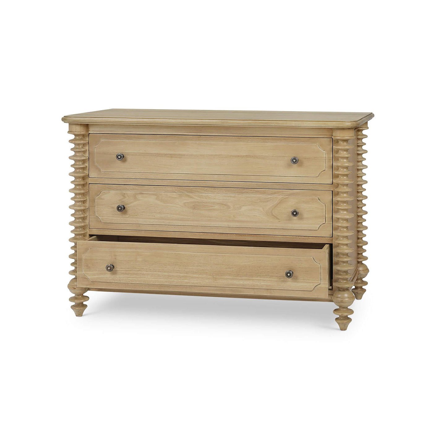 Spool-turned chest, one drawer slightly open, angled view.