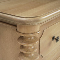 Detailed view of spool-turned chest corner and edge.