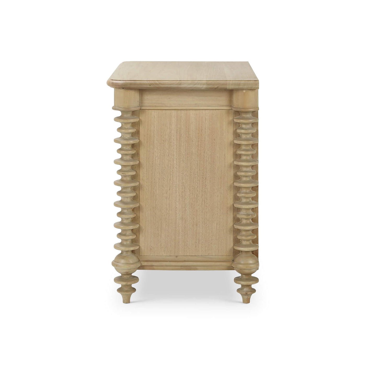 Side view of spool-turned nightstand.