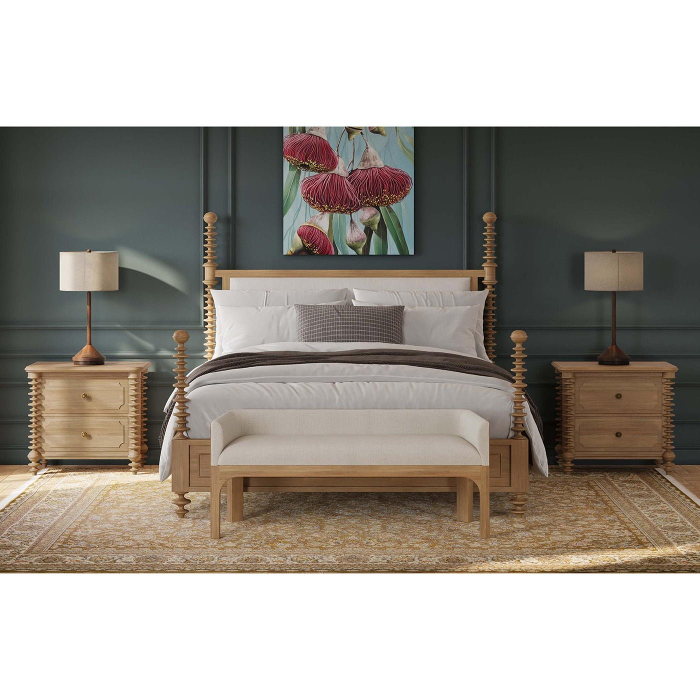 Bedroom setup with spool-turned nightstands by bed.