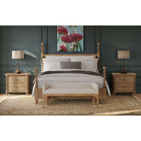 Bedroom setup with spool-turned nightstands by bed.