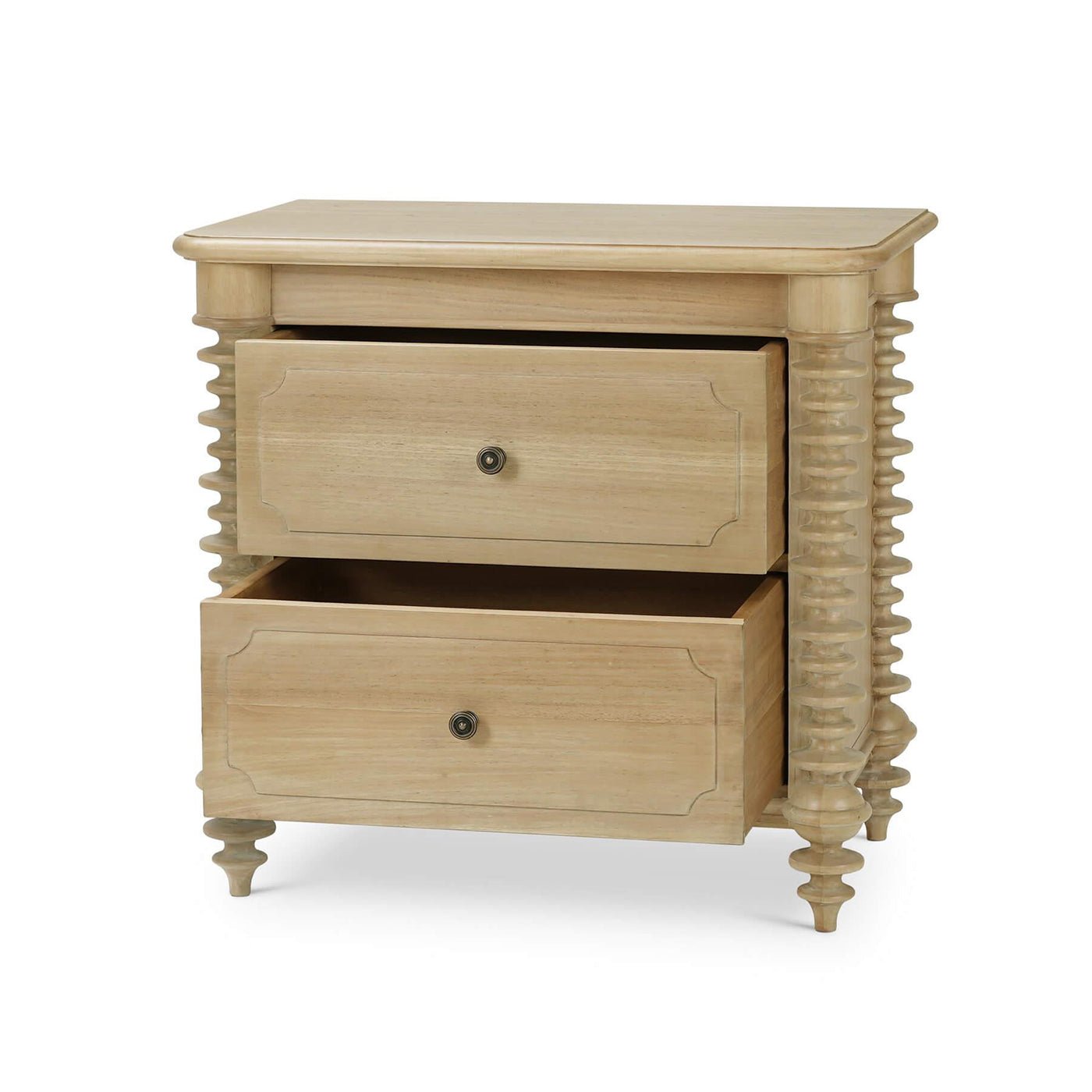 Open drawers of spool-turned nightstand.