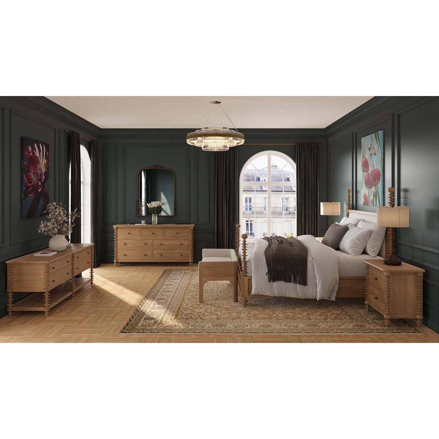 Full bedroom with spool-turned nightstands and furniture.