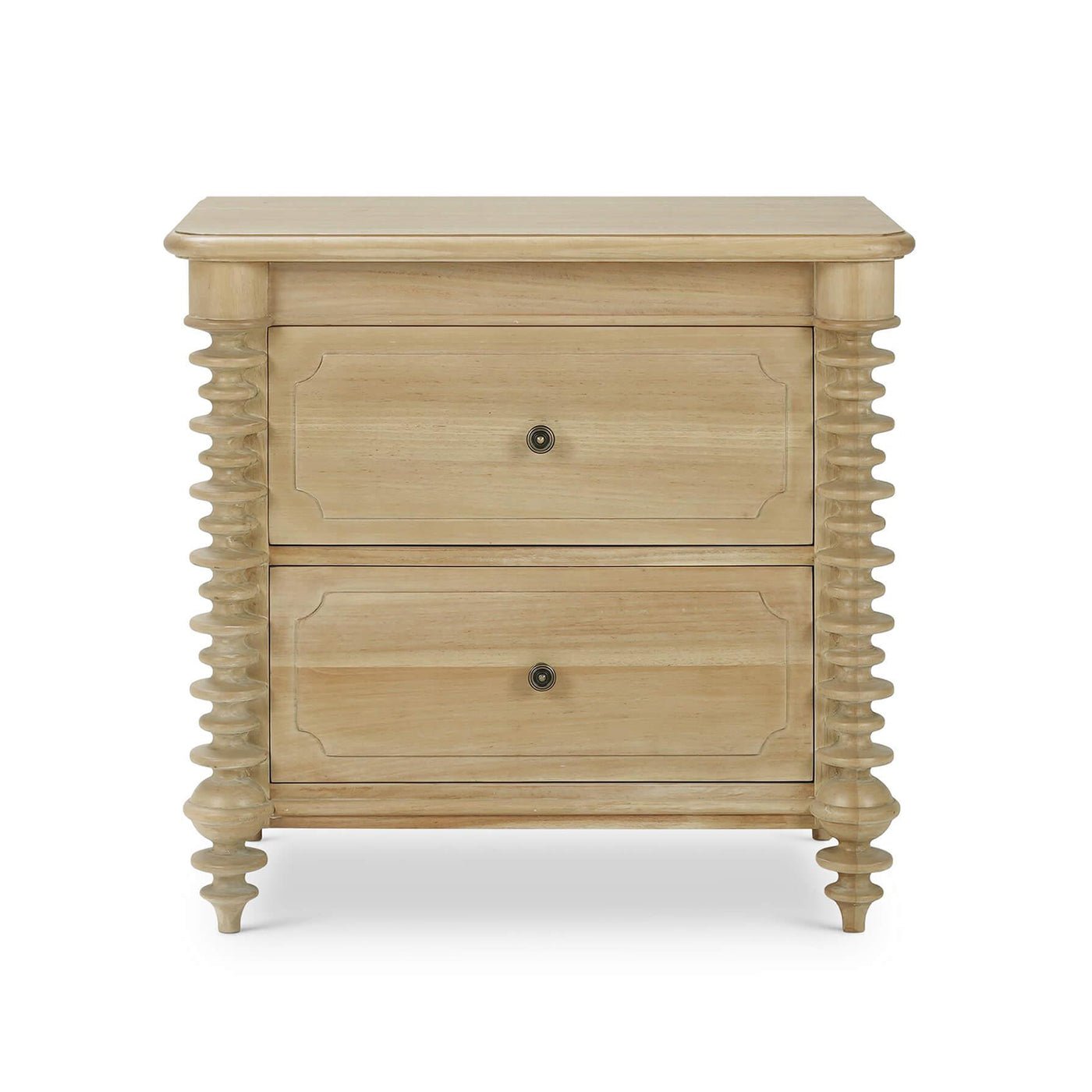 Straight-on view of spool-turned nightstand.
