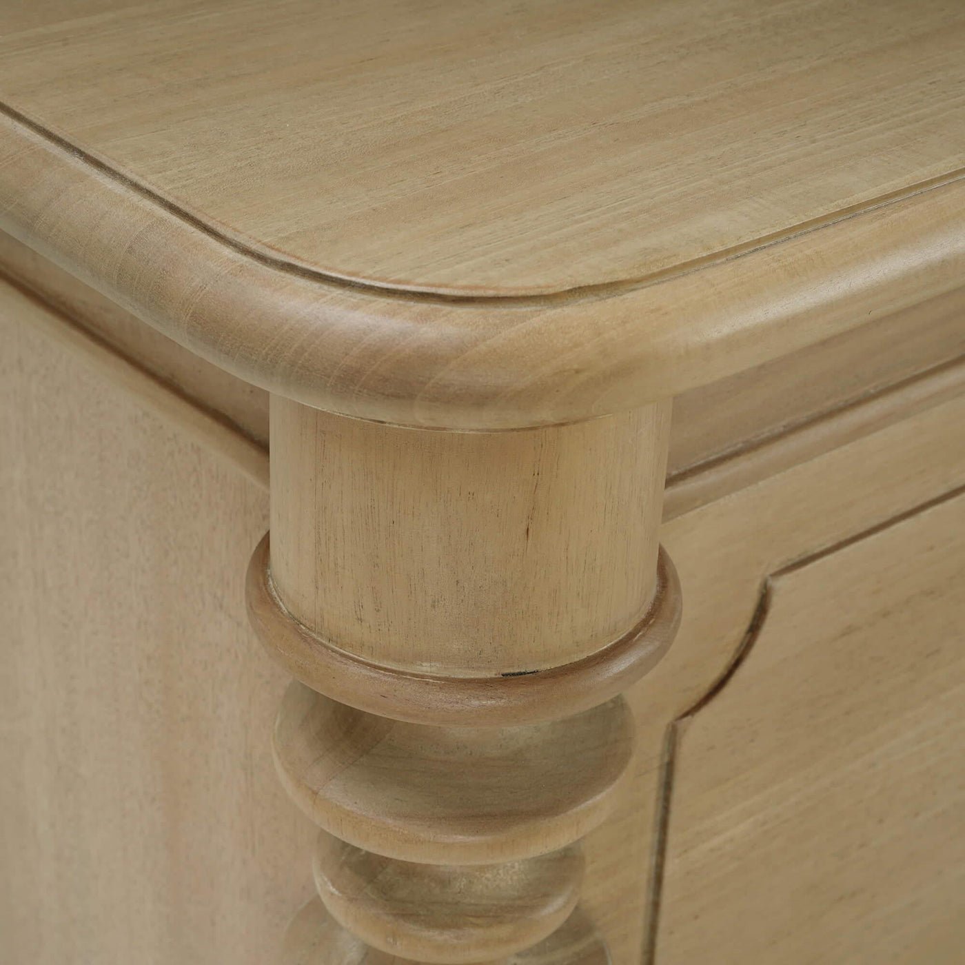 Corner and side detail on spool-turned nightstand.