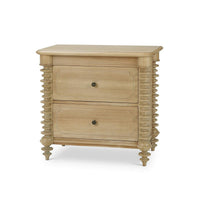 Front view of spool-turned two-drawer nightstand.