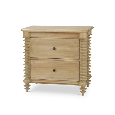Front view of spool-turned two-drawer nightstand.
