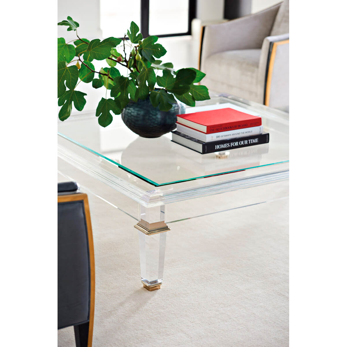 Square acrylic coffee table close-up with books and plant.