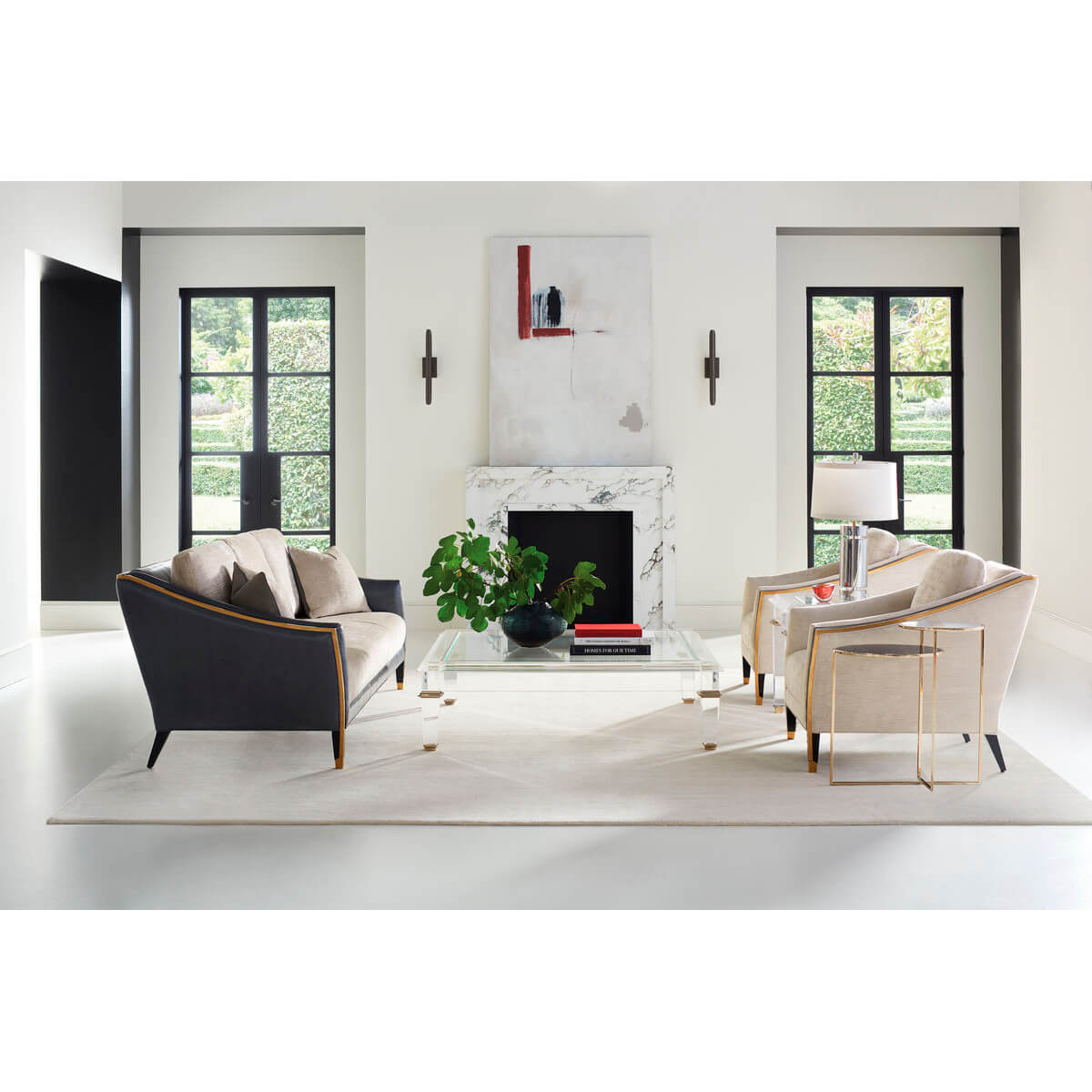 Living room with square acrylic coffee table and decor.