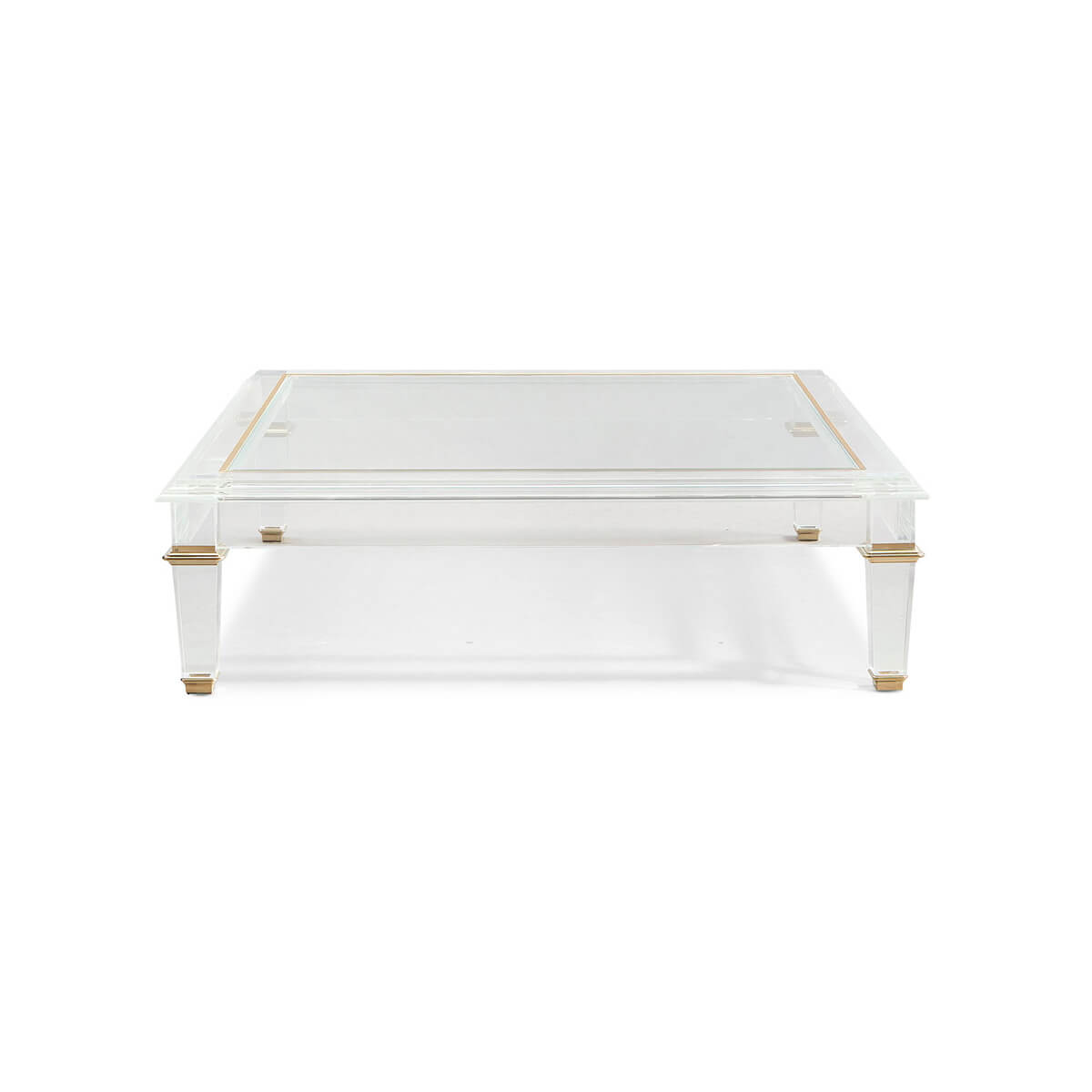 Square acrylic coffee table, front view with gold accents.