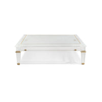 Square acrylic coffee table, front view with gold accents.