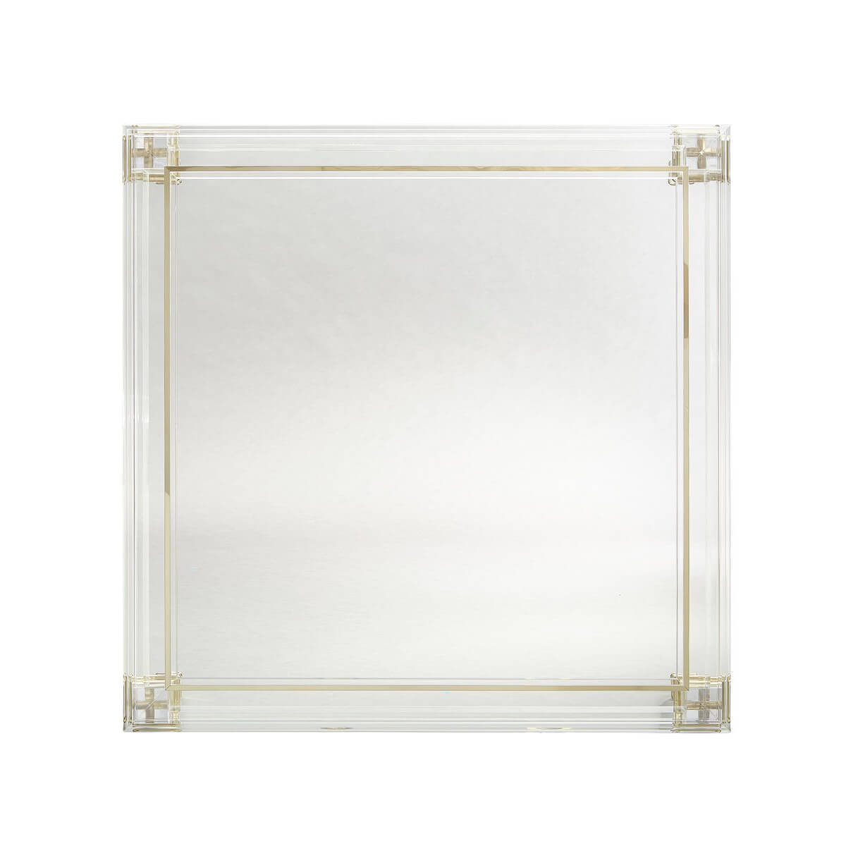 Top view of square acrylic coffee table, clear surface.