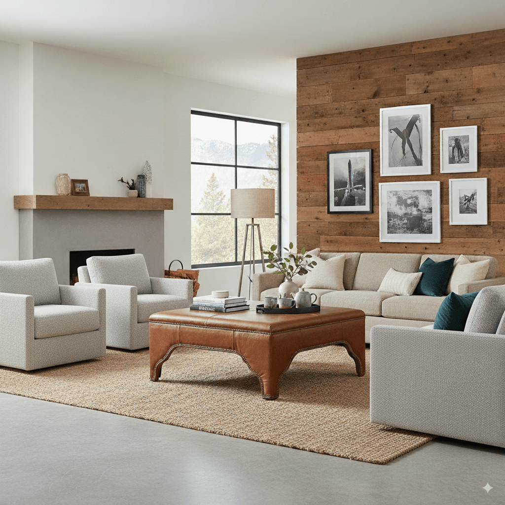 Living room with ottoman, furniture arrangement.