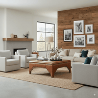 Living room with ottoman, furniture arrangement.