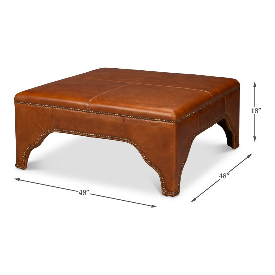 Dimensions of square brown leather ottoman shown.