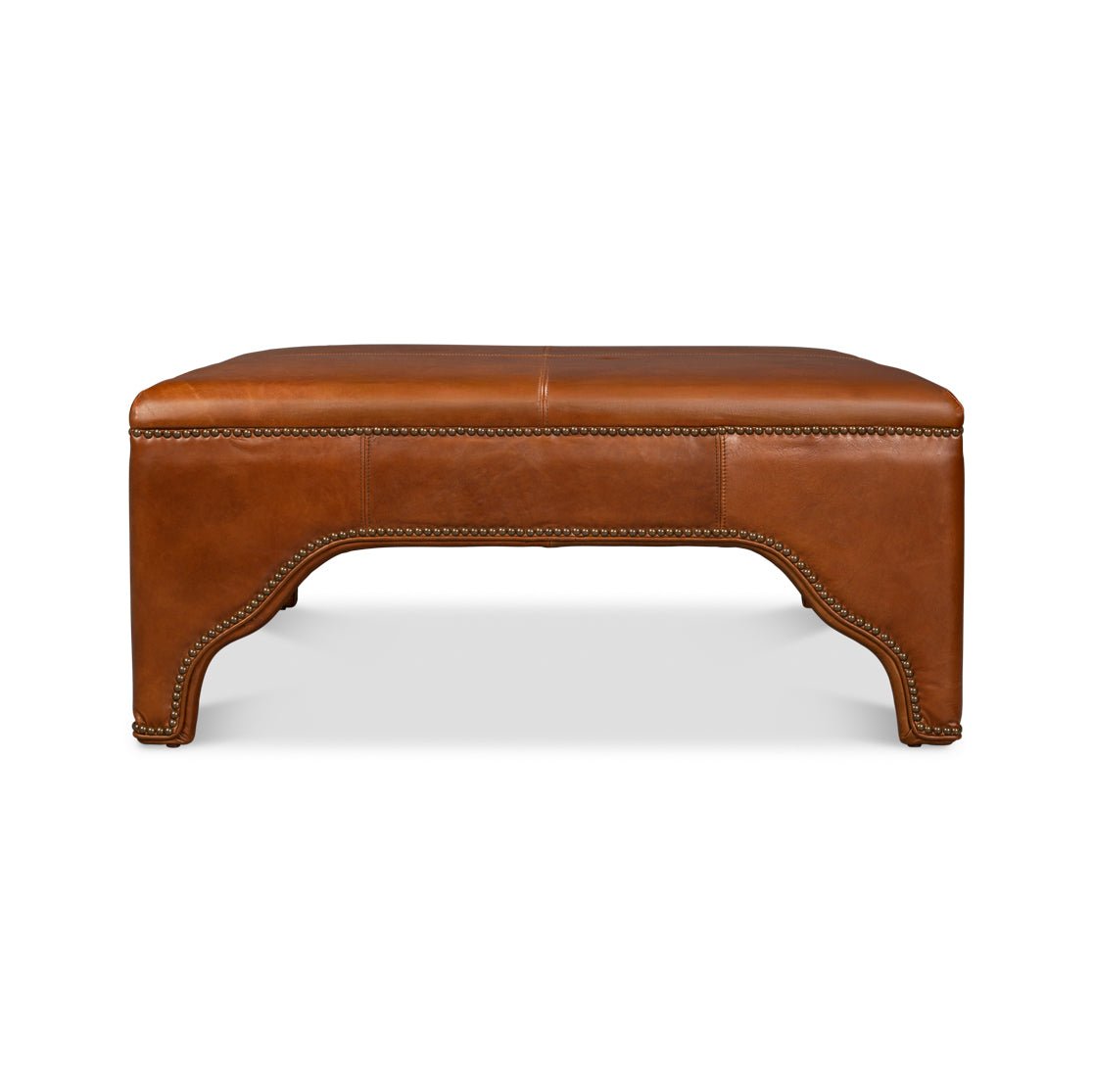 Square brown leather ottoman, side view, plain background.