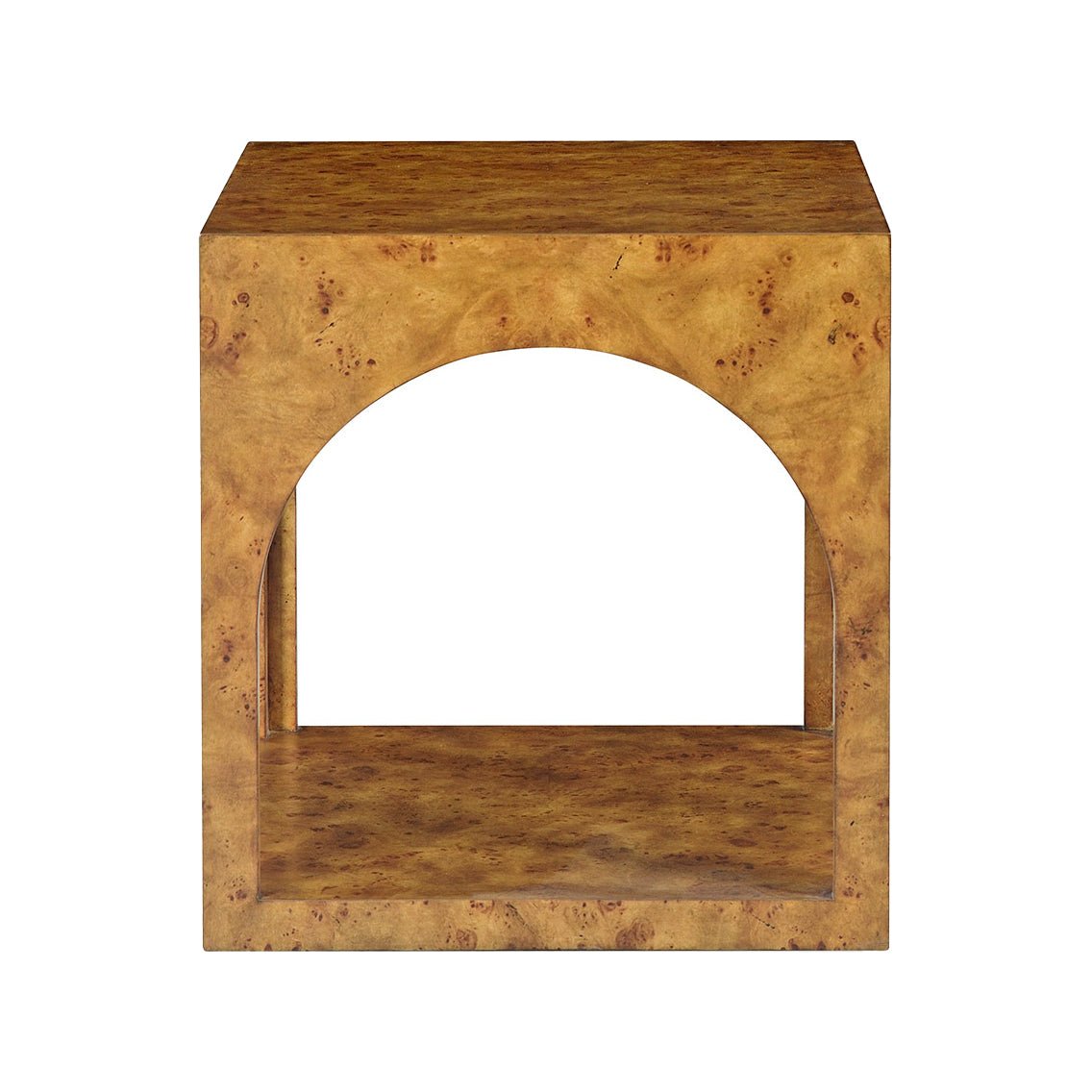 Front view of square burl wood side table.