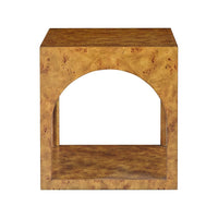 Front view of square burl wood side table.