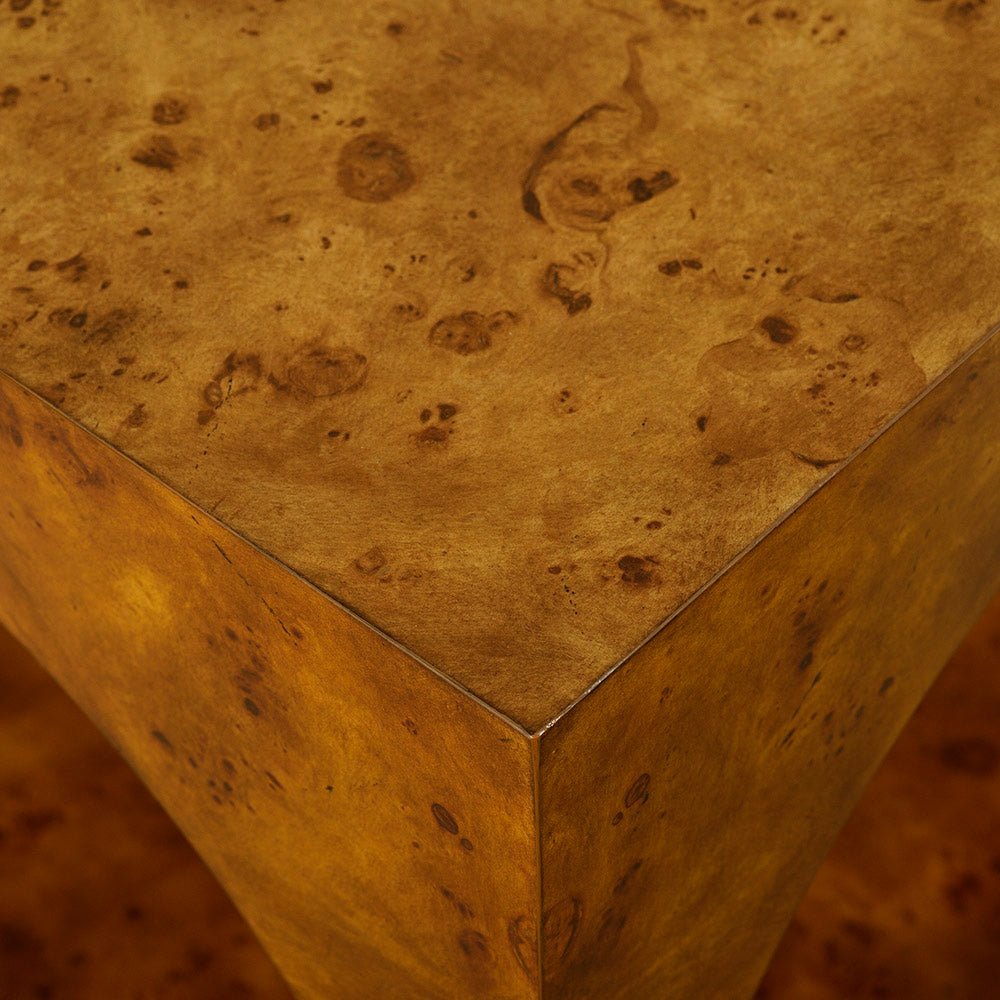 Corner detail of square burl wood side table.
