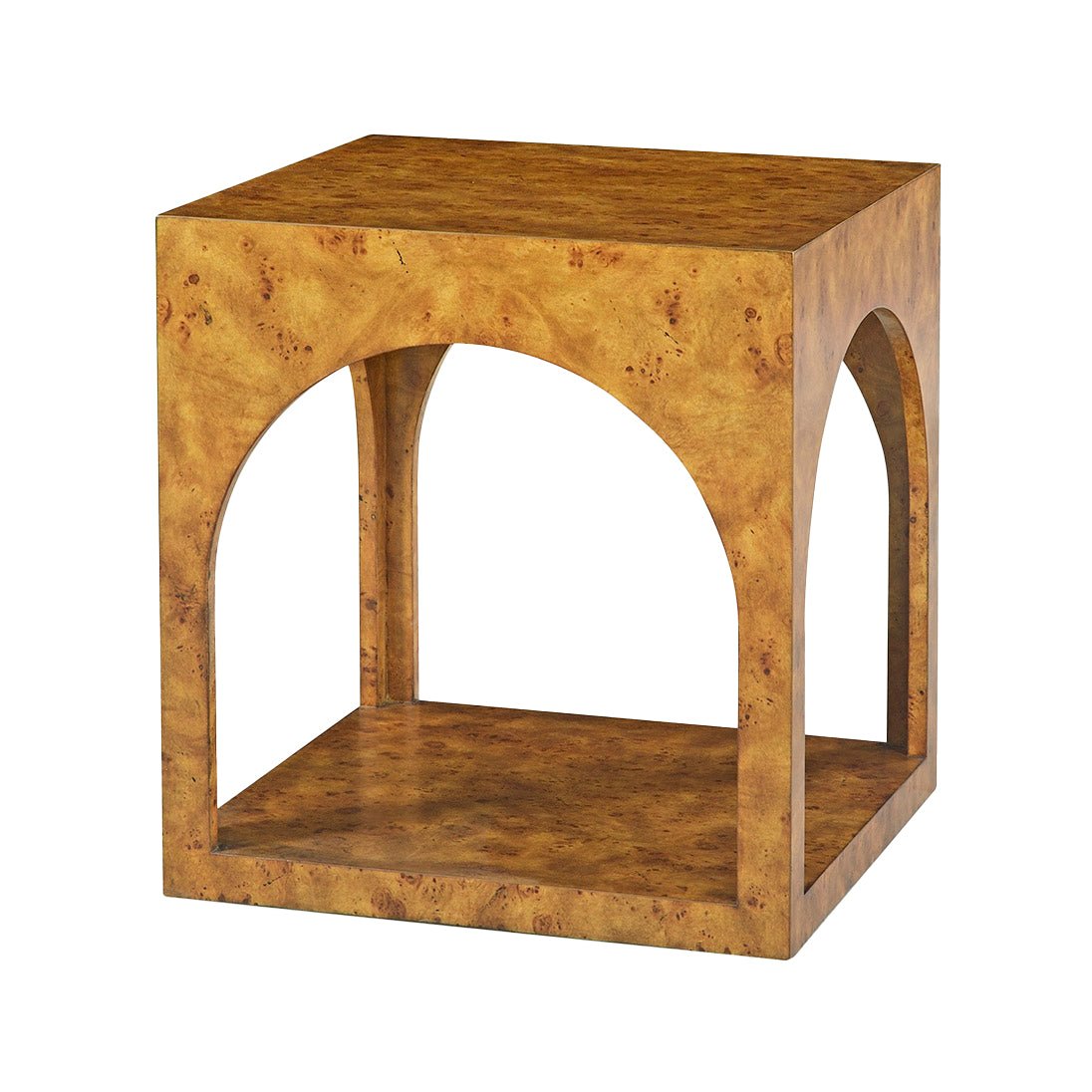 Burl wood side table with open arch design.