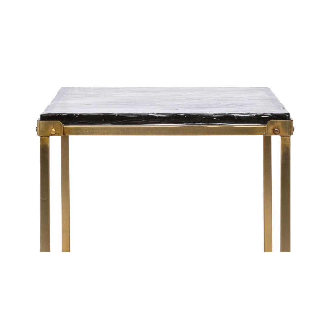 Side view square end table with brass legs