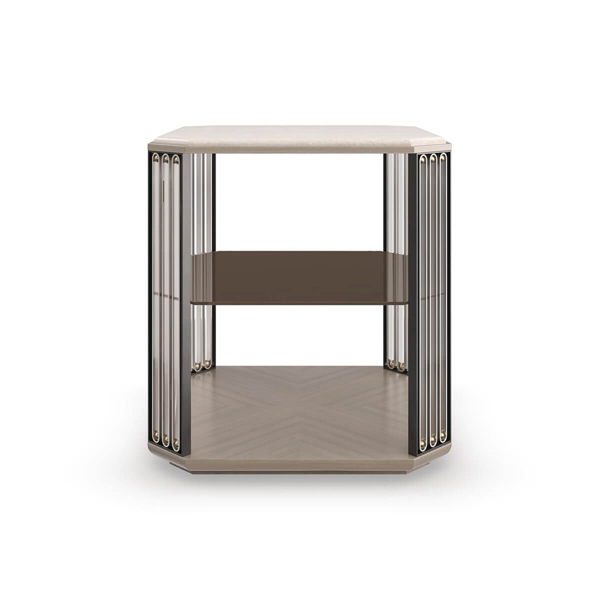 Art Deco end table, front view highlighting shelves.