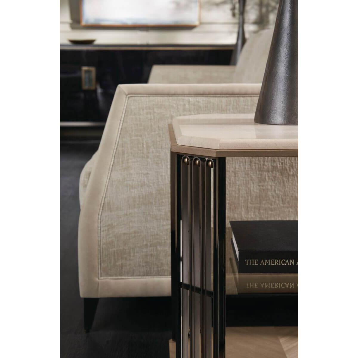 Art Deco end table, close-up in living room setup.