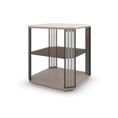 Art Deco end table, side angle view, modern design.
