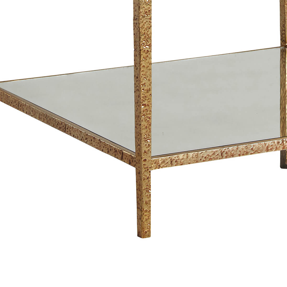 Lower shelf detail of gold textured end table.